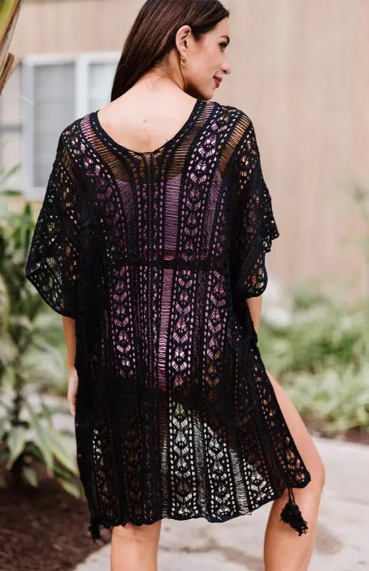 Crochet Knitted Tassel Tie Kimono Beachwear kakaclo