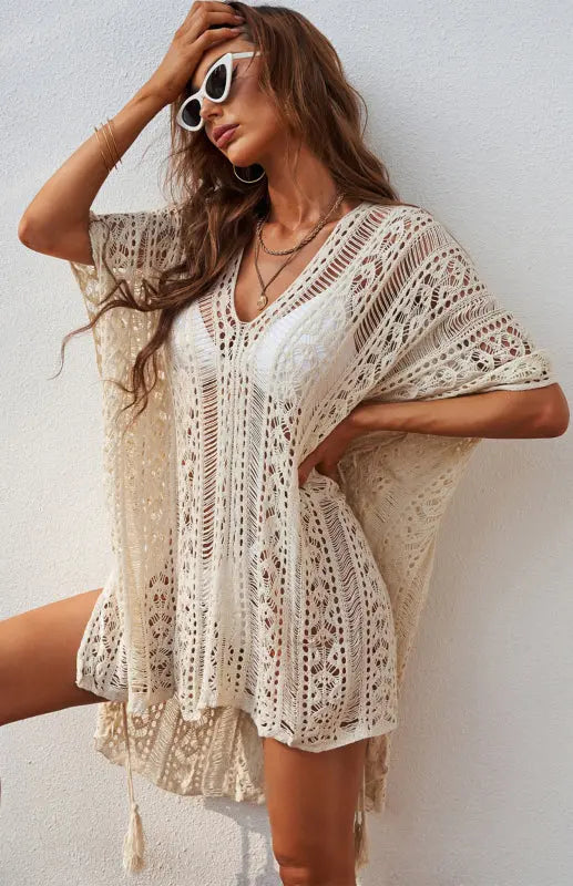 Crochet Knitted Tassel Tie Kimono Beachwear kakaclo