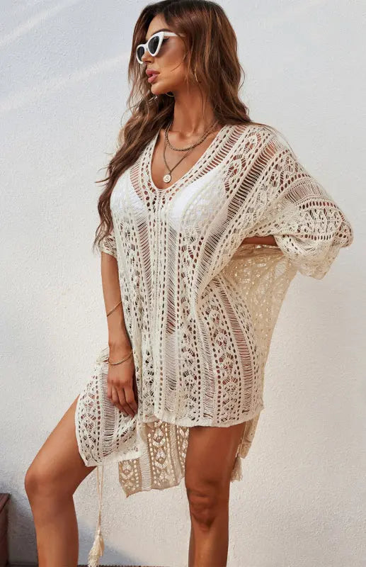 Crochet Knitted Tassel Tie Kimono Beachwear kakaclo