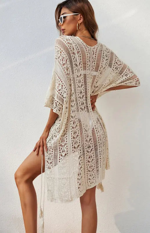 Crochet Knitted Tassel Tie Kimono Beachwear kakaclo