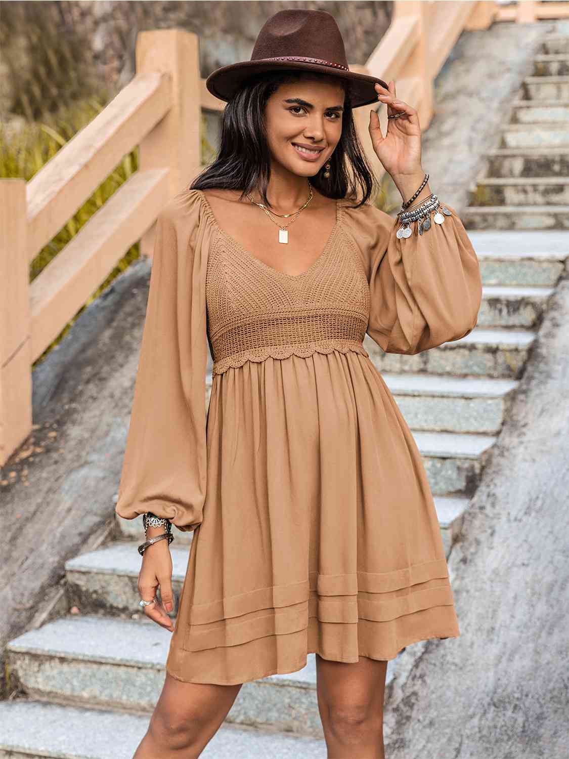 Crochet V-Neck Balloon Sleeve Dress BLUE ZONE PLANET