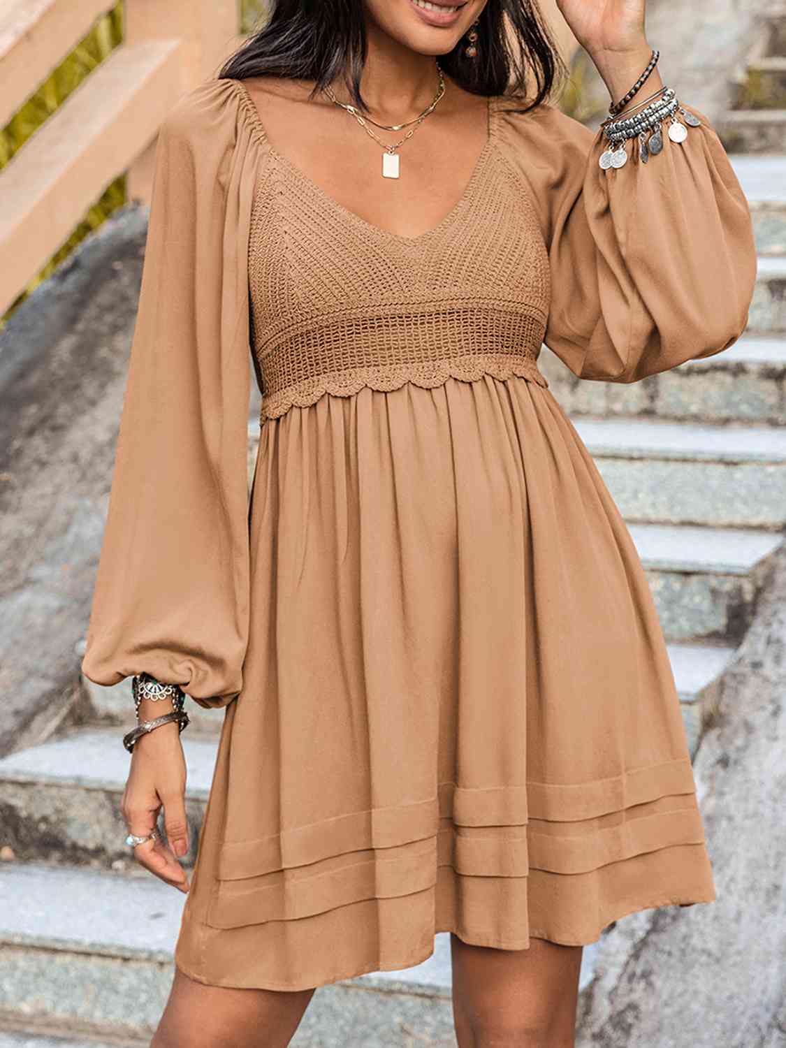 Crochet V-Neck Balloon Sleeve Dress BLUE ZONE PLANET