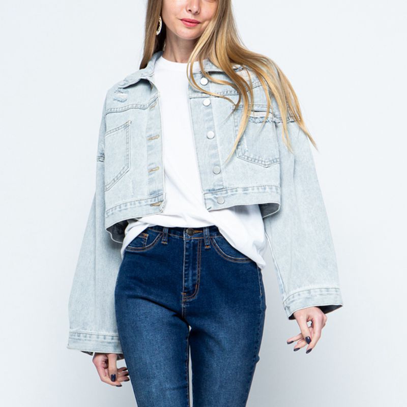 Cropped Collared Neck Dropped Shoulder Denim Jacket BLUE ZONE PLANET