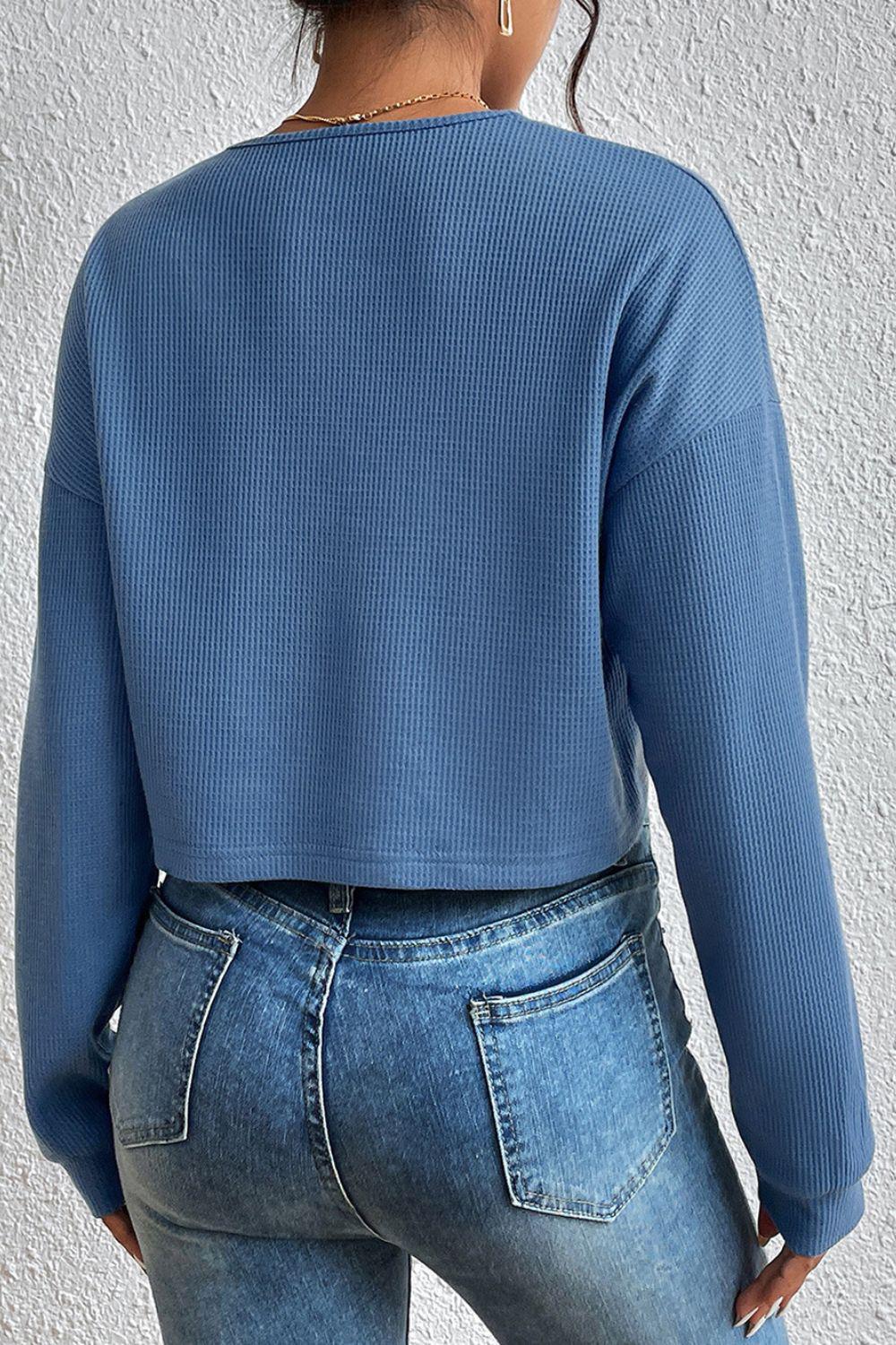 Cropped V-Neck Raglan Sleeve Buttoned Blouse BLUE ZONE PLANET