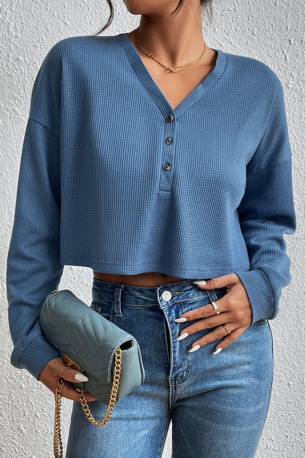Cropped V-Neck Raglan Sleeve Buttoned Blouse BLUE ZONE PLANET