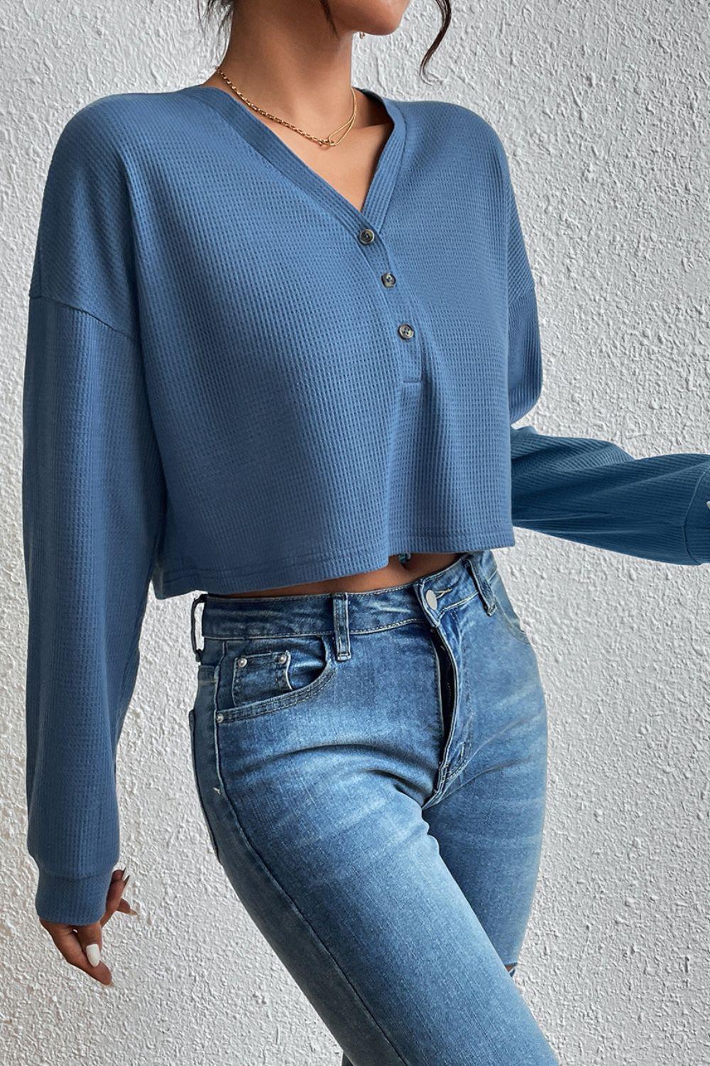Cropped V-Neck Raglan Sleeve Buttoned Blouse BLUE ZONE PLANET