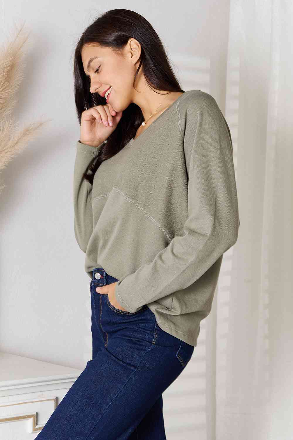 Culture Code Full Size V-Neck Long Sleeve T-Shirt BLUE ZONE PLANET