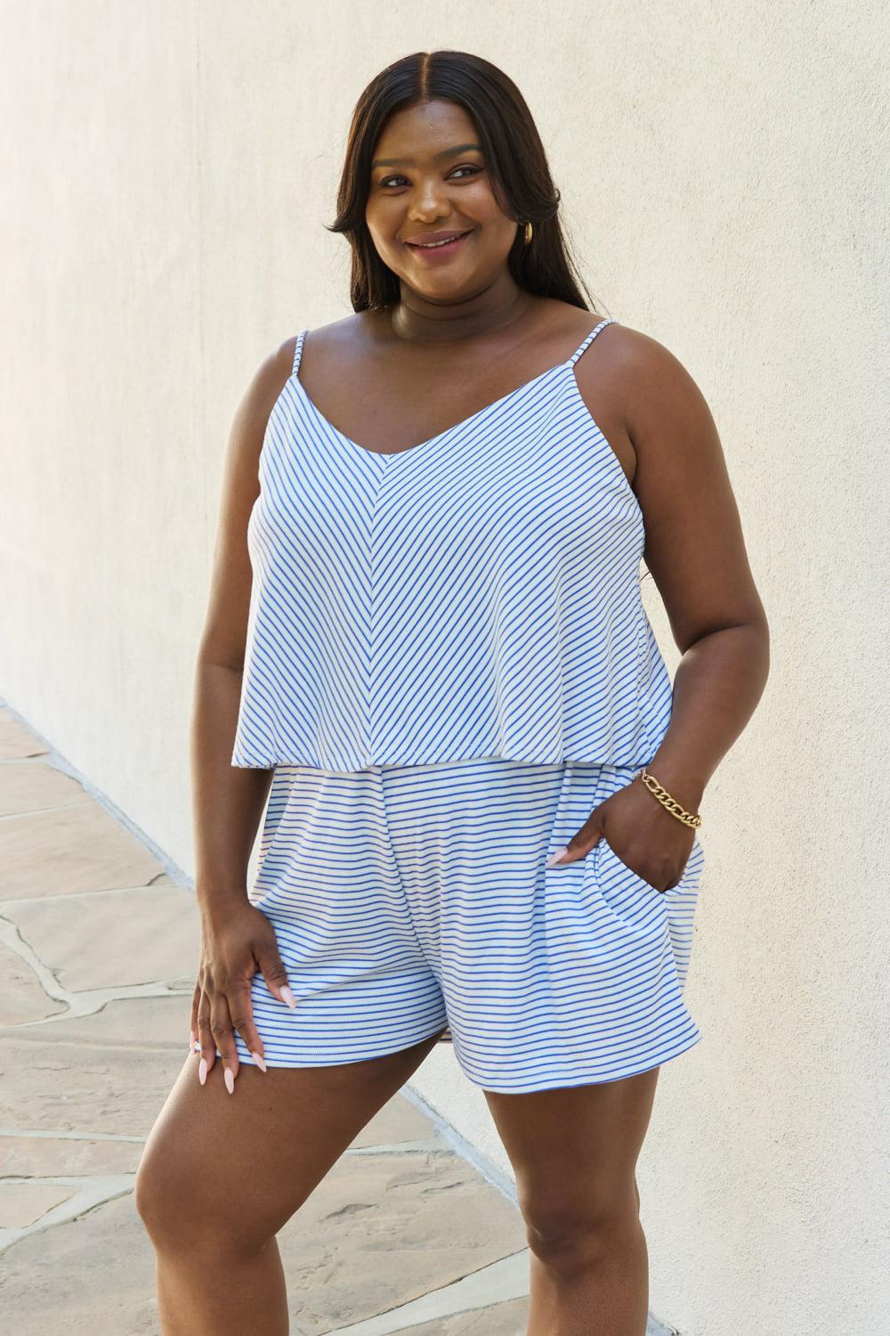 Culture Code Let It Happen Full Size Double Flare Striped Romper in Cobalt Blue BLUE ZONE PLANET