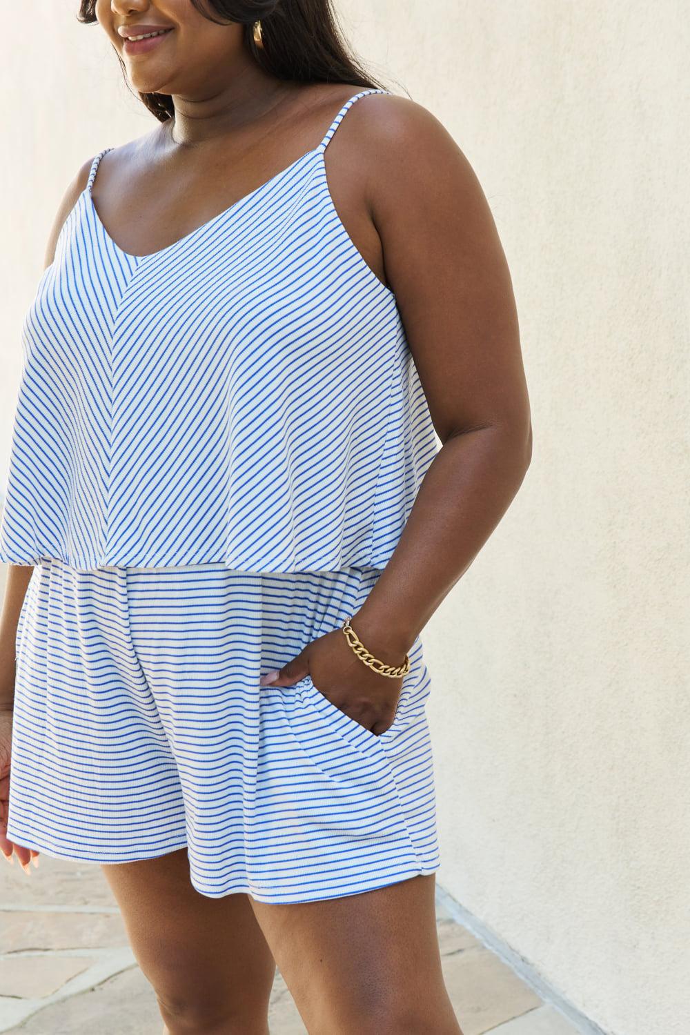 Culture Code Let It Happen Full Size Double Flare Striped Romper in Cobalt Blue BLUE ZONE PLANET
