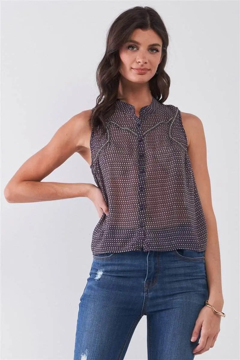 Cute Mock Neck Sheer Blouse Blue Zone Planet