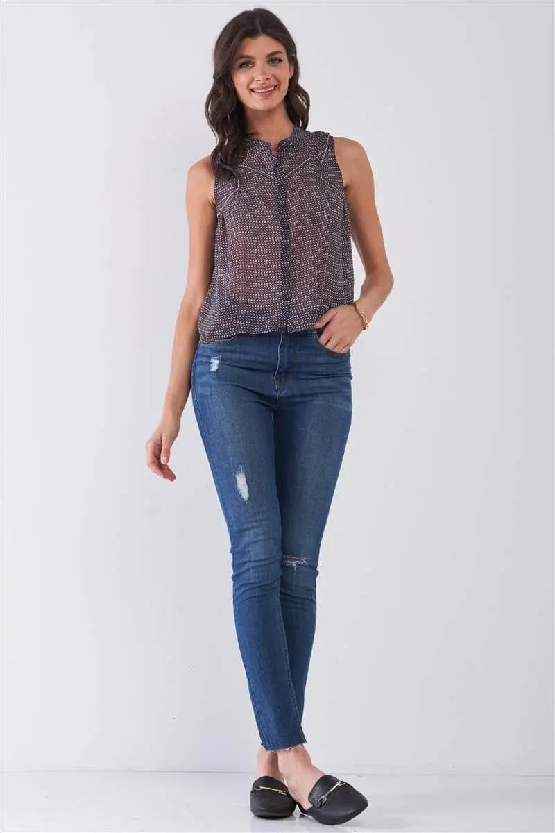 Cute Mock Neck Sheer Blouse Blue Zone Planet