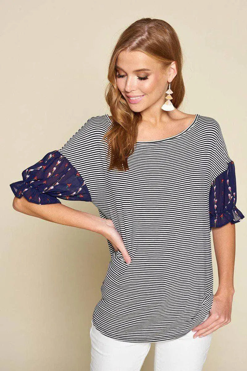 Cute Striped Curved Hem Casual Top Blue Zone Planet