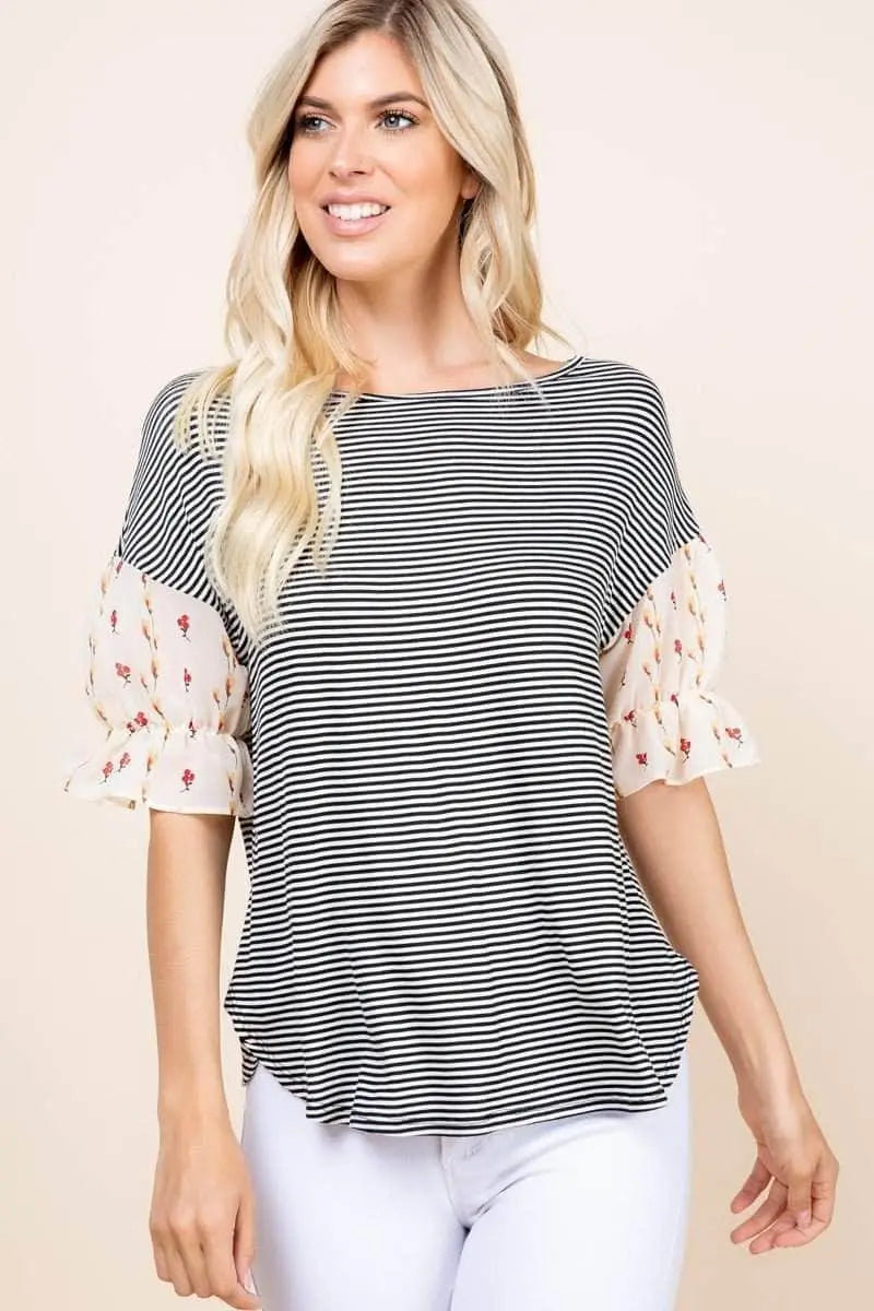 Cute Striped Curved Hem Casual Top Blue Zone Planet