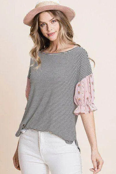 Cute Striped Curved Hem Casual Top Blue Zone Planet