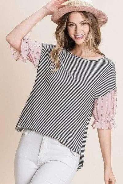 Cute Striped Curved Hem Casual Top Blue Zone Planet