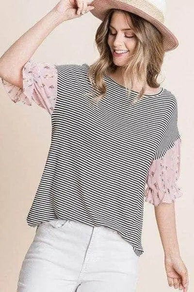 Cute Striped Curved Hem Casual Top Blue Zone Planet