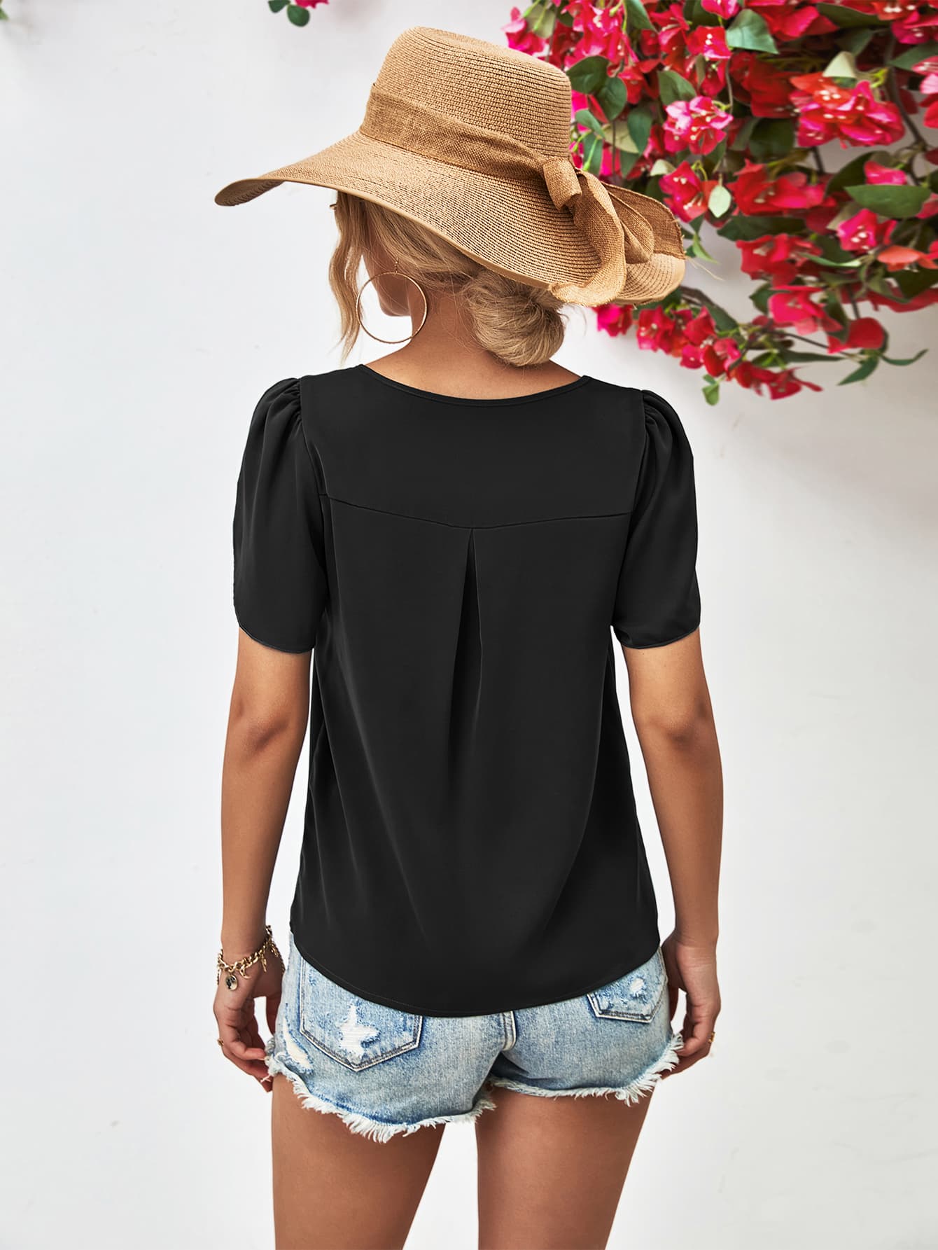 Cutout Round Neck Petal Sleeve Blouse BLUE ZONE PLANET
