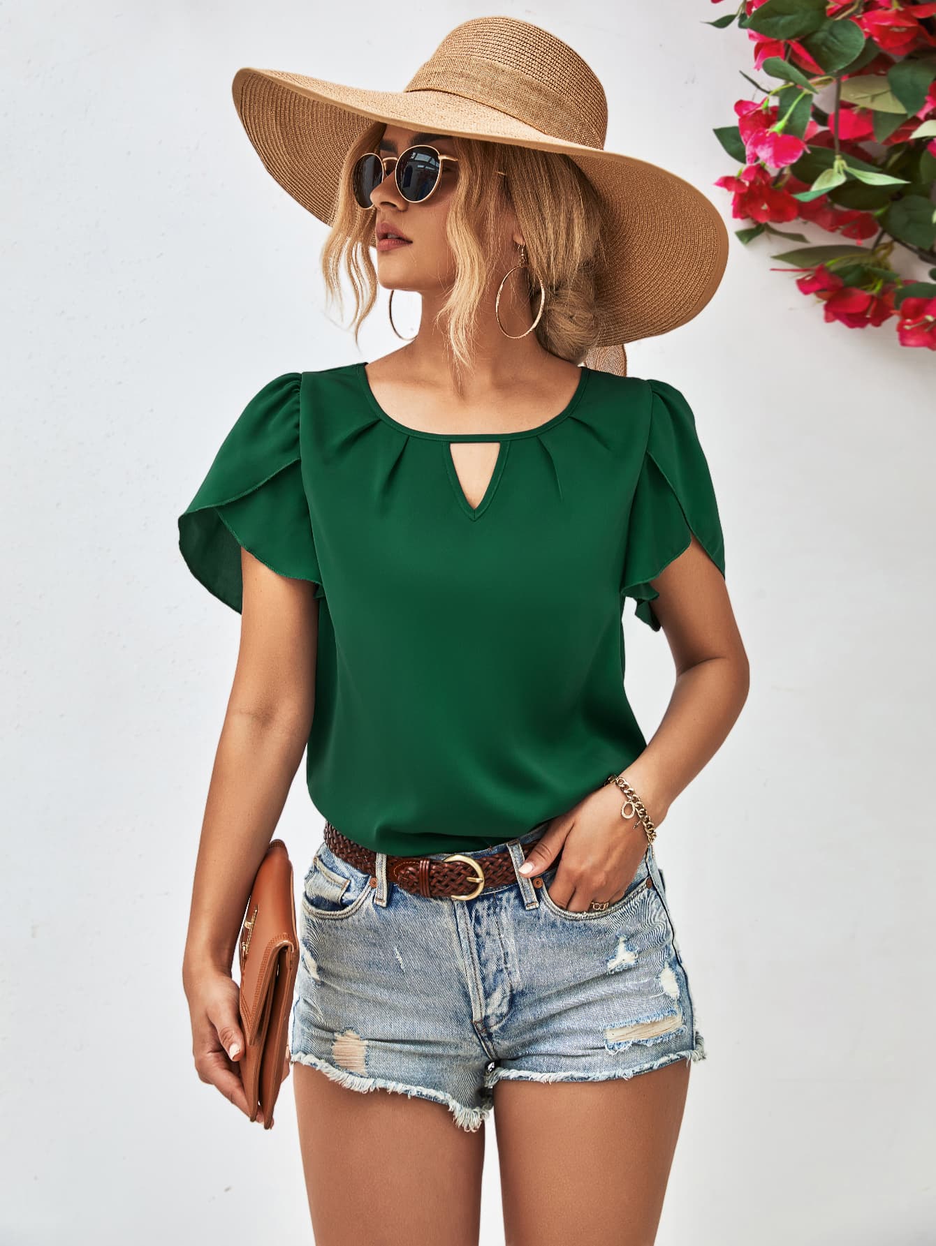 Cutout Round Neck Petal Sleeve Blouse BLUE ZONE PLANET