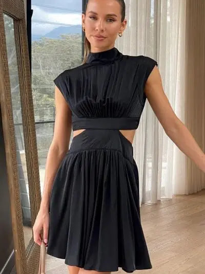 Cutout Ruched Mock Neck Mini Dress BLUE ZONE PLANET