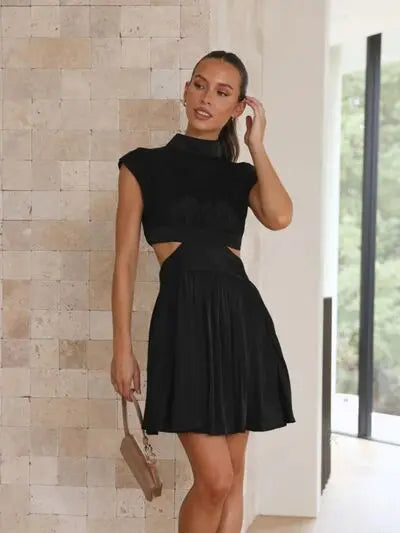 Cutout Ruched Mock Neck Mini Dress BLUE ZONE PLANET