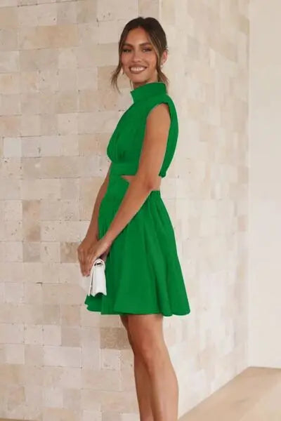 Cutout Ruched Mock Neck Mini Dress BLUE ZONE PLANET