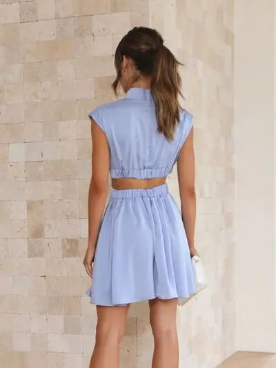 Cutout Ruched Mock Neck Mini Dress BLUE ZONE PLANET