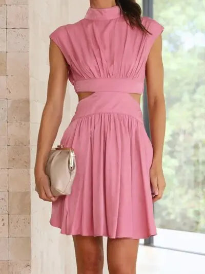 Cutout Ruched Mock Neck Mini Dress BLUE ZONE PLANET