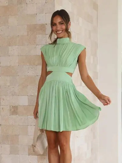 Cutout Ruched Mock Neck Mini Dress BLUE ZONE PLANET