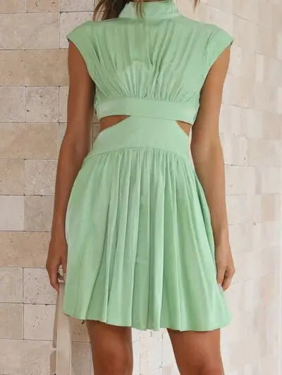 Cutout Ruched Mock Neck Mini Dress BLUE ZONE PLANET