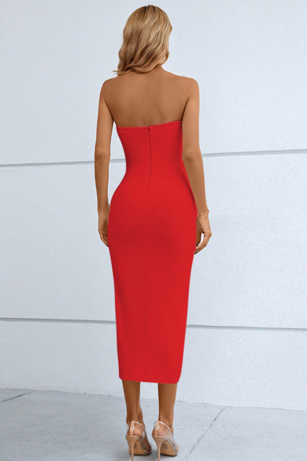 Cutout Strapless Drawstring Detail Split Bandage Midi Dress BLUE ZONE PLANET