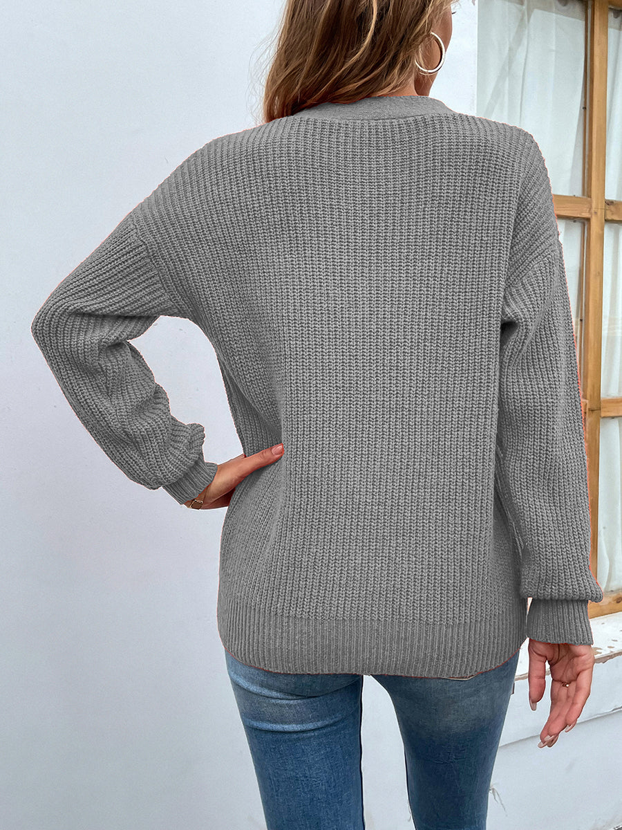 Cutout V-Neck Rib-Knit Sweater BLUE ZONE PLANET