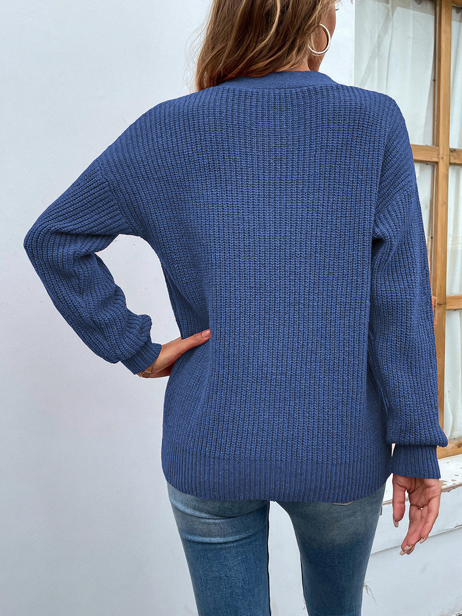Cutout V-Neck Rib-Knit Sweater BLUE ZONE PLANET