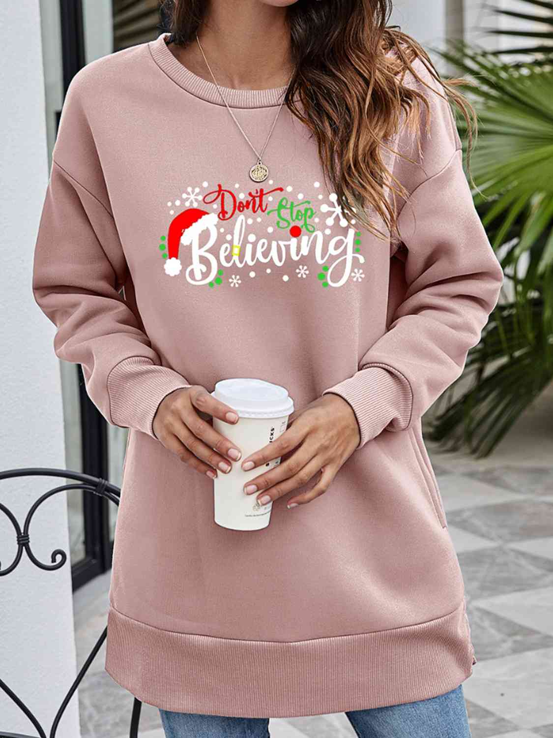 DON'T STOP BELIEVING Graphic Drop Shoulder Sweatshirt BLUE ZONE PLANET