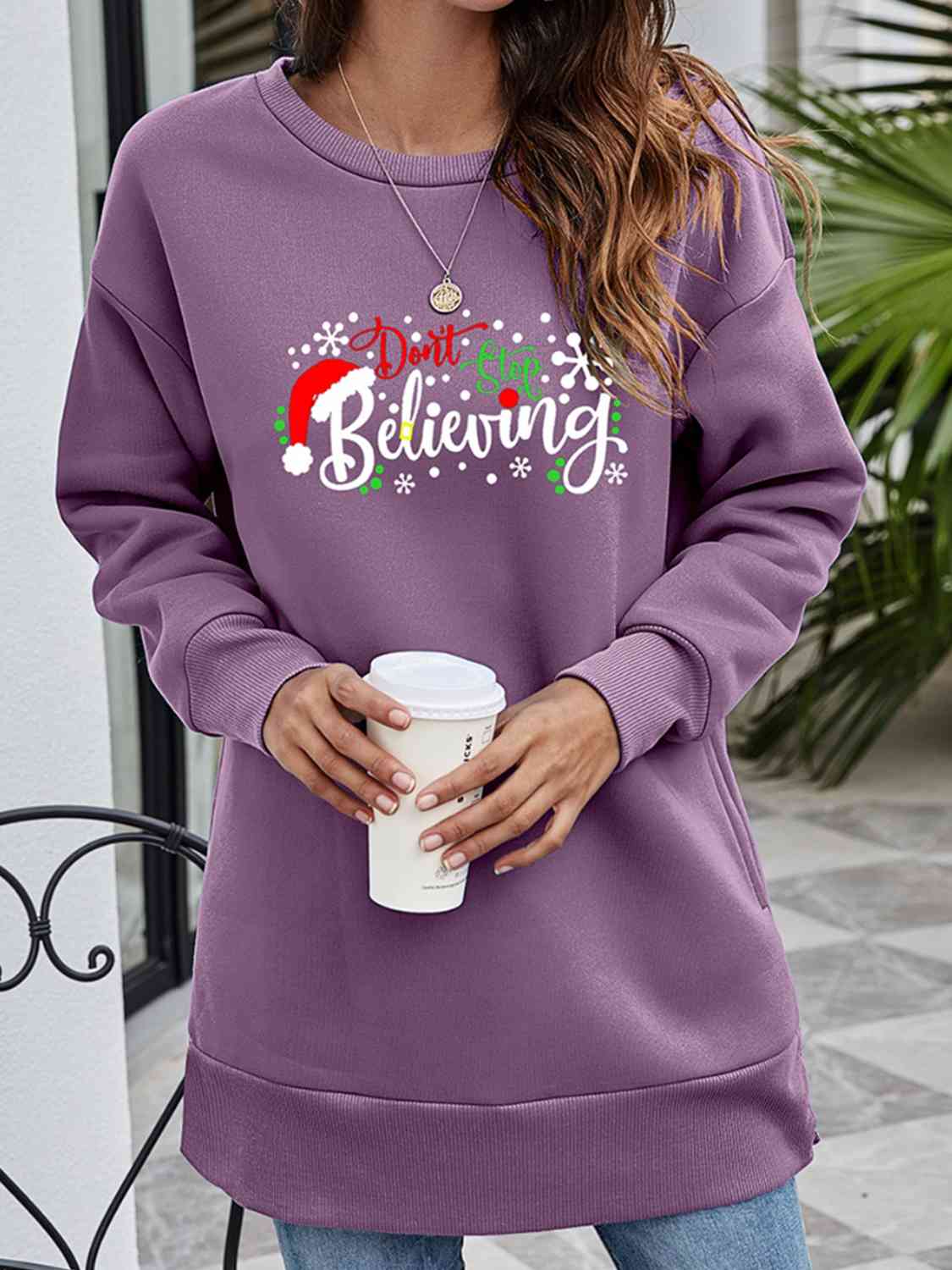 DON'T STOP BELIEVING Graphic Drop Shoulder Sweatshirt BLUE ZONE PLANET