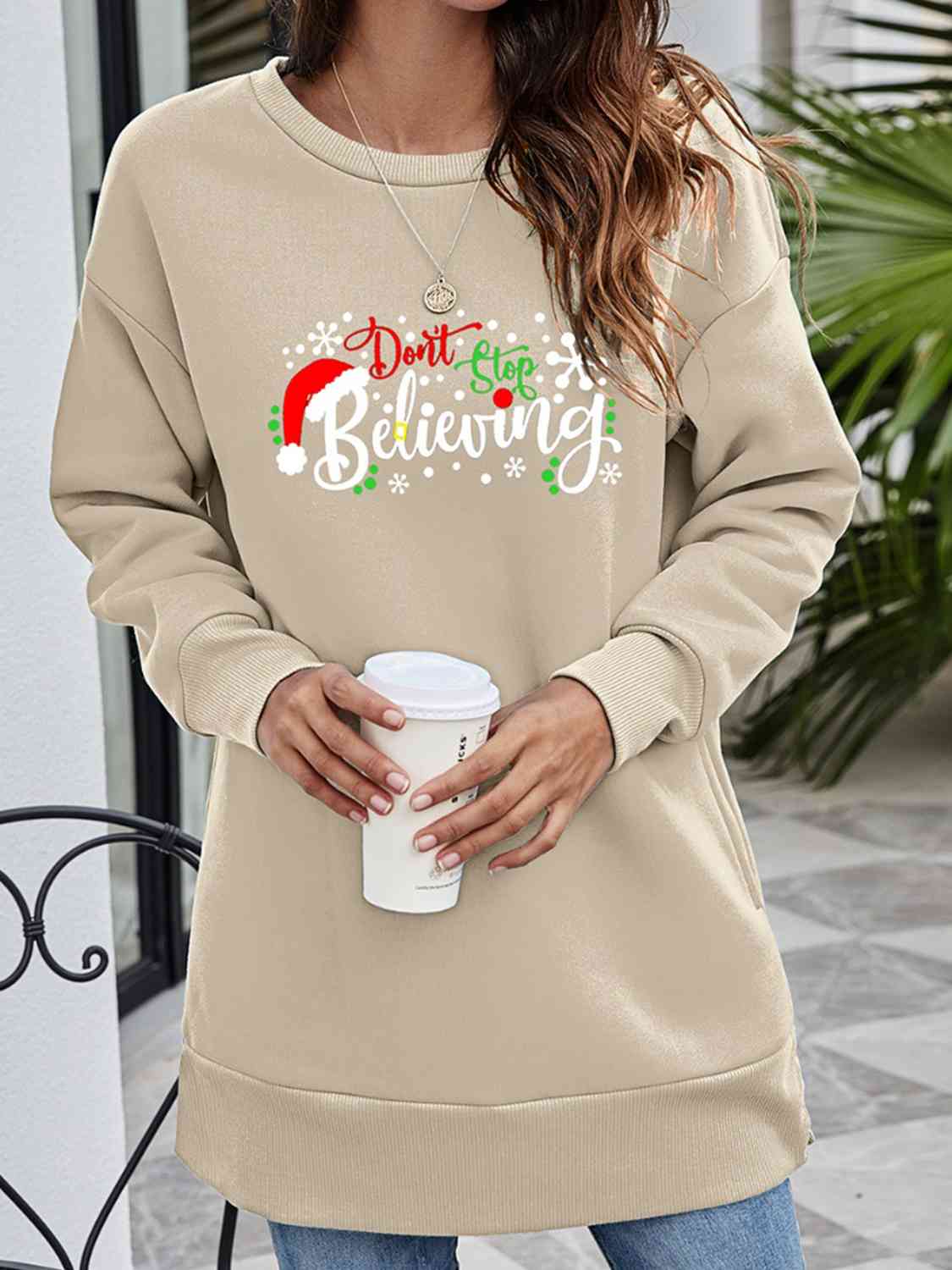DON'T STOP BELIEVING Graphic Drop Shoulder Sweatshirt BLUE ZONE PLANET