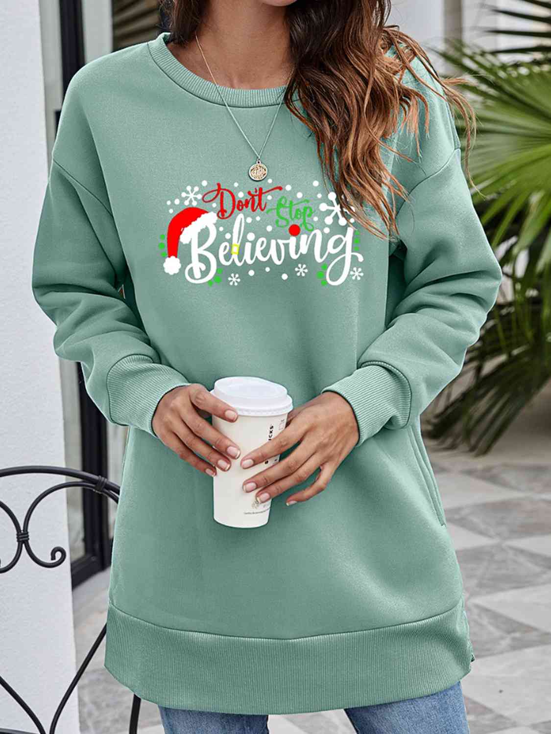 DON'T STOP BELIEVING Graphic Drop Shoulder Sweatshirt BLUE ZONE PLANET