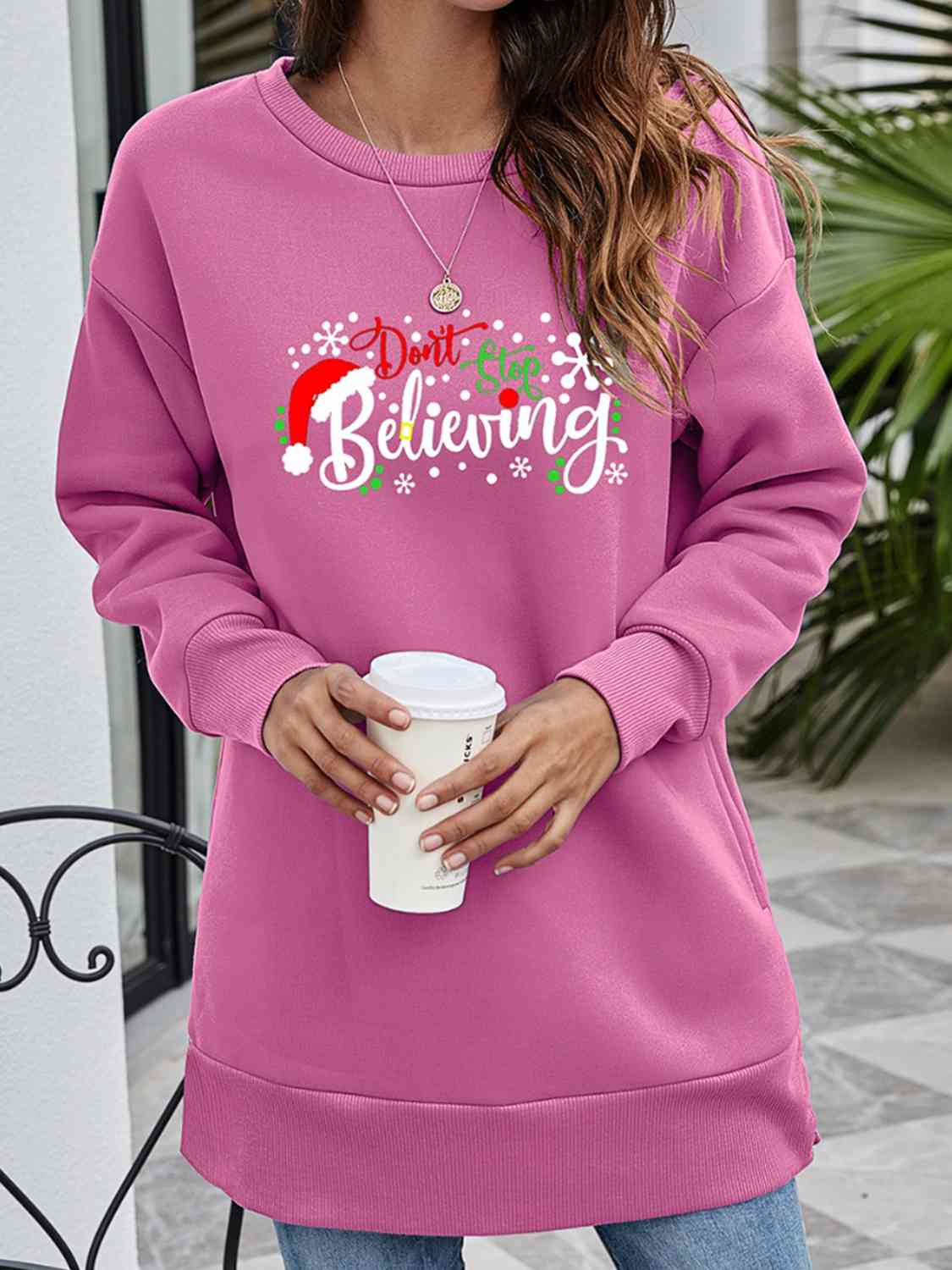 DON'T STOP BELIEVING Graphic Drop Shoulder Sweatshirt BLUE ZONE PLANET