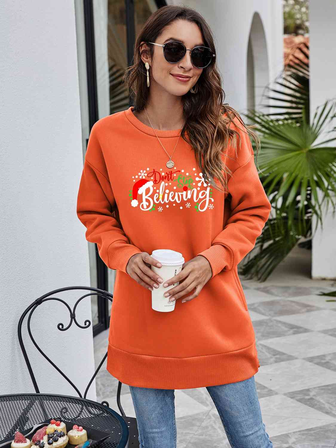DON'T STOP BELIEVING Graphic Drop Shoulder Sweatshirt BLUE ZONE PLANET