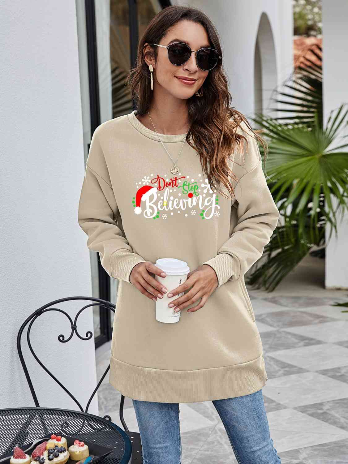 DON'T STOP BELIEVING Graphic Drop Shoulder Sweatshirt BLUE ZONE PLANET