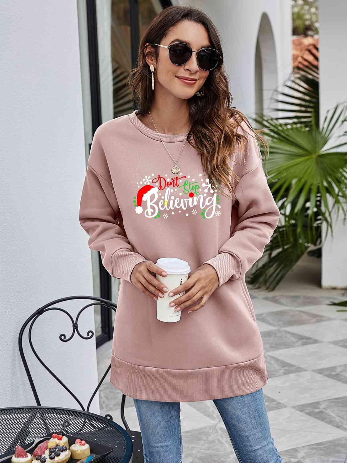 DON'T STOP BELIEVING Graphic Drop Shoulder Sweatshirt BLUE ZONE PLANET