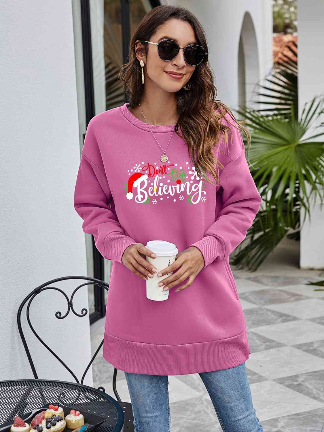 DON'T STOP BELIEVING Graphic Drop Shoulder Sweatshirt BLUE ZONE PLANET