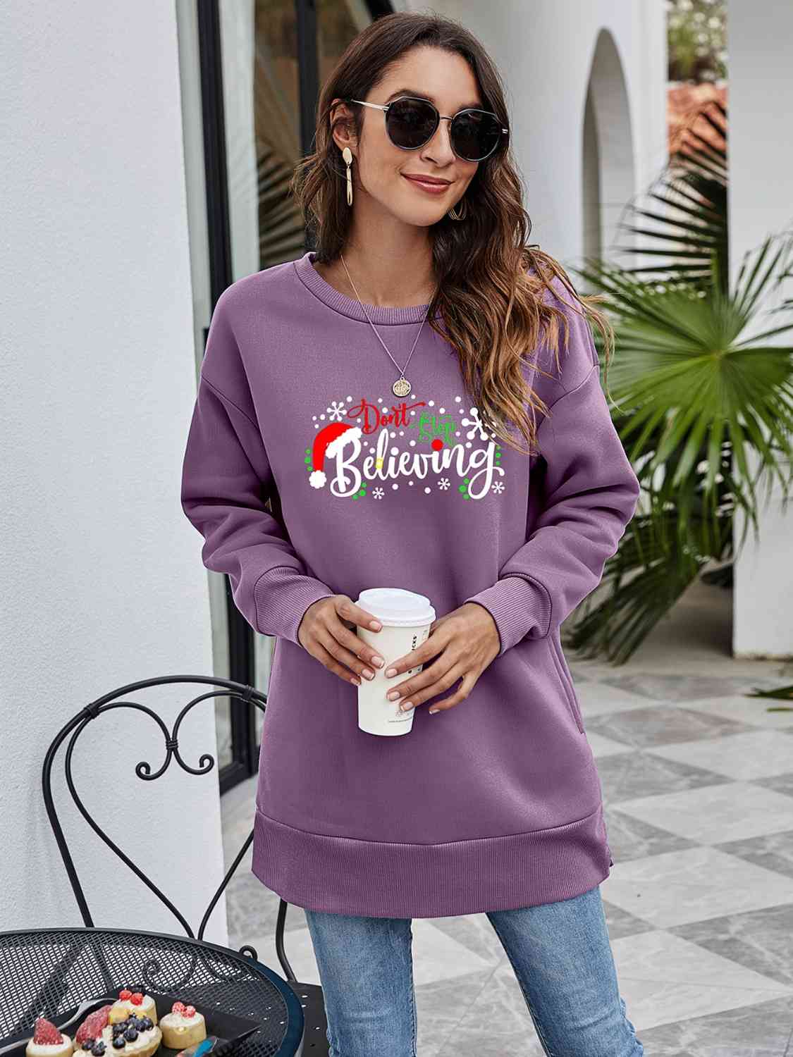 DON'T STOP BELIEVING Graphic Drop Shoulder Sweatshirt BLUE ZONE PLANET