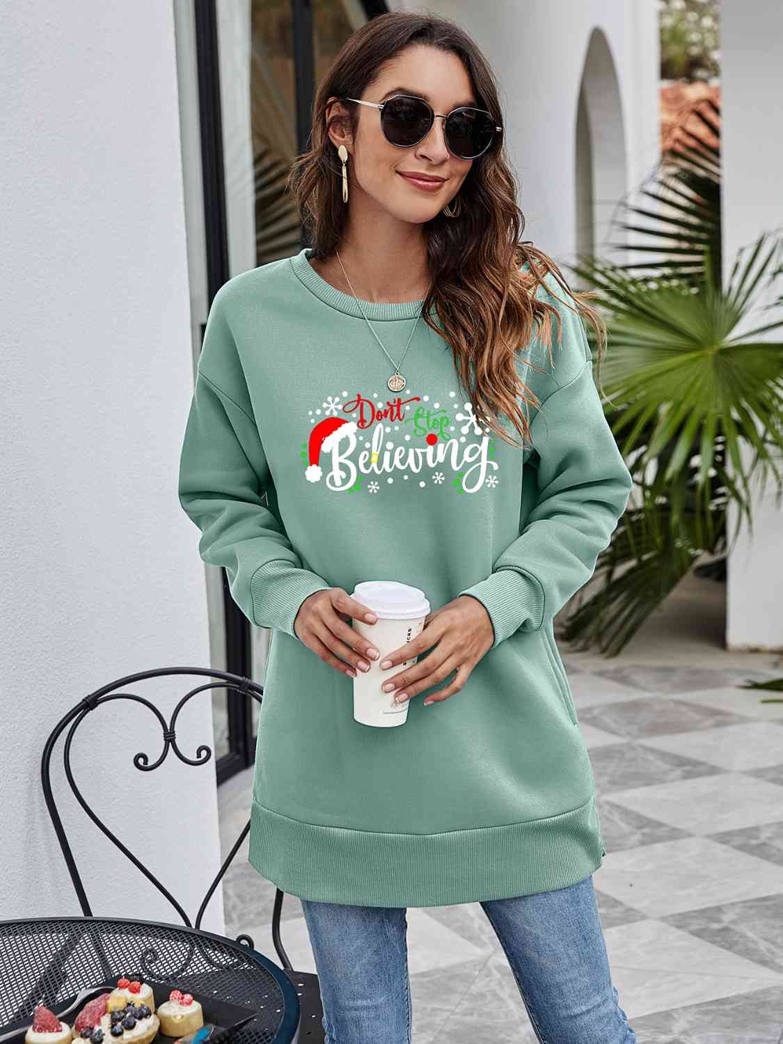 DON'T STOP BELIEVING Graphic Drop Shoulder Sweatshirt BLUE ZONE PLANET