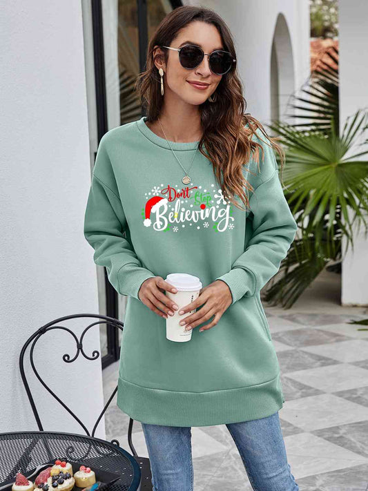 DON'T STOP BELIEVING Graphic Drop Shoulder Sweatshirt BLUE ZONE PLANET