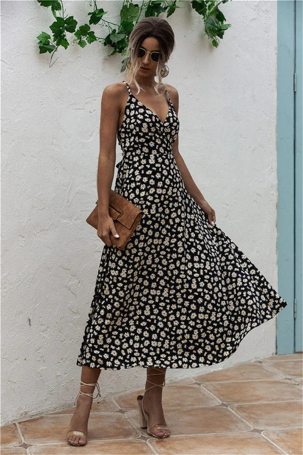 Daisy Print Surplice Midi Cami Dress BLUE ZONE PLANET