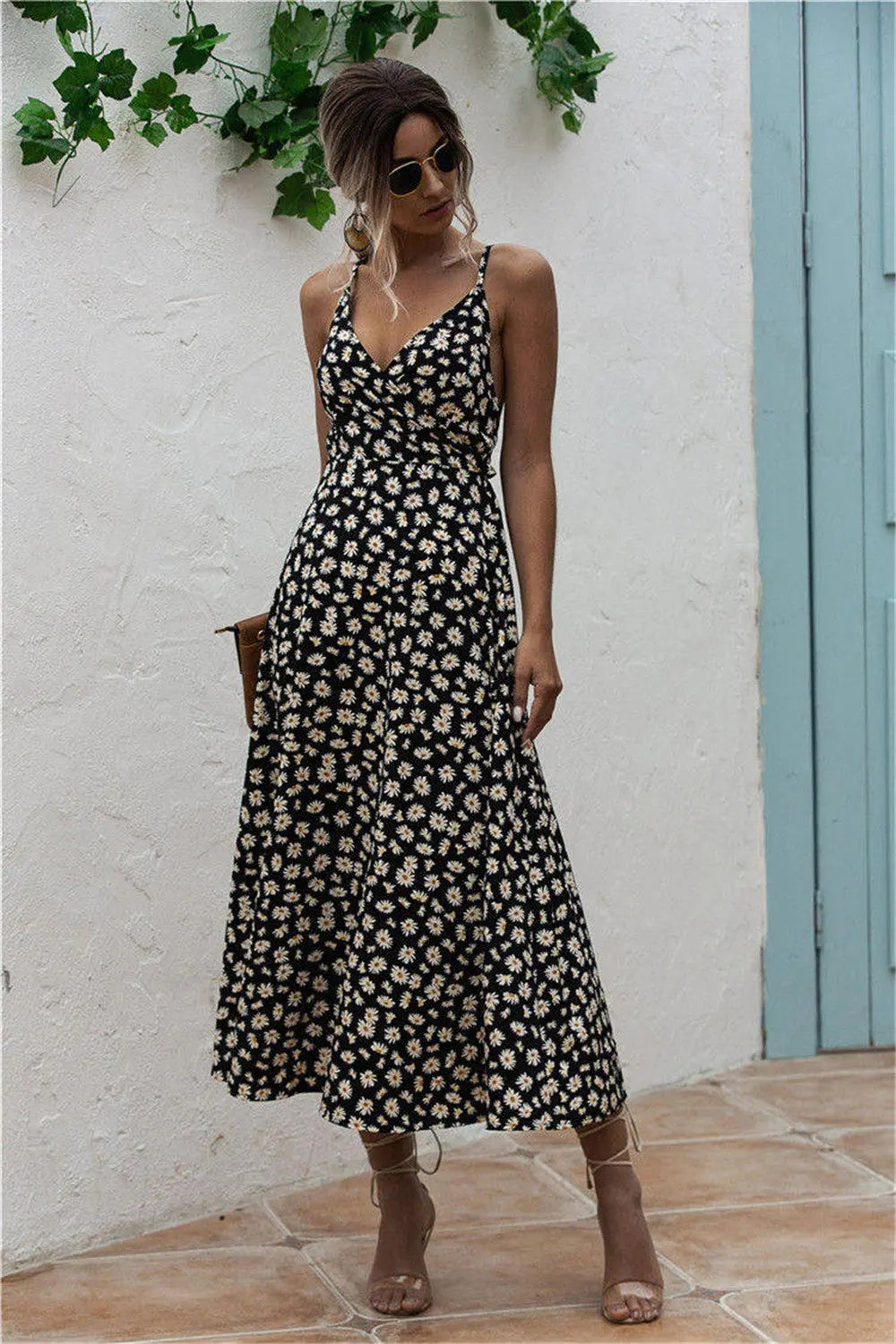 Daisy Print Surplice Midi Cami Dress BLUE ZONE PLANET
