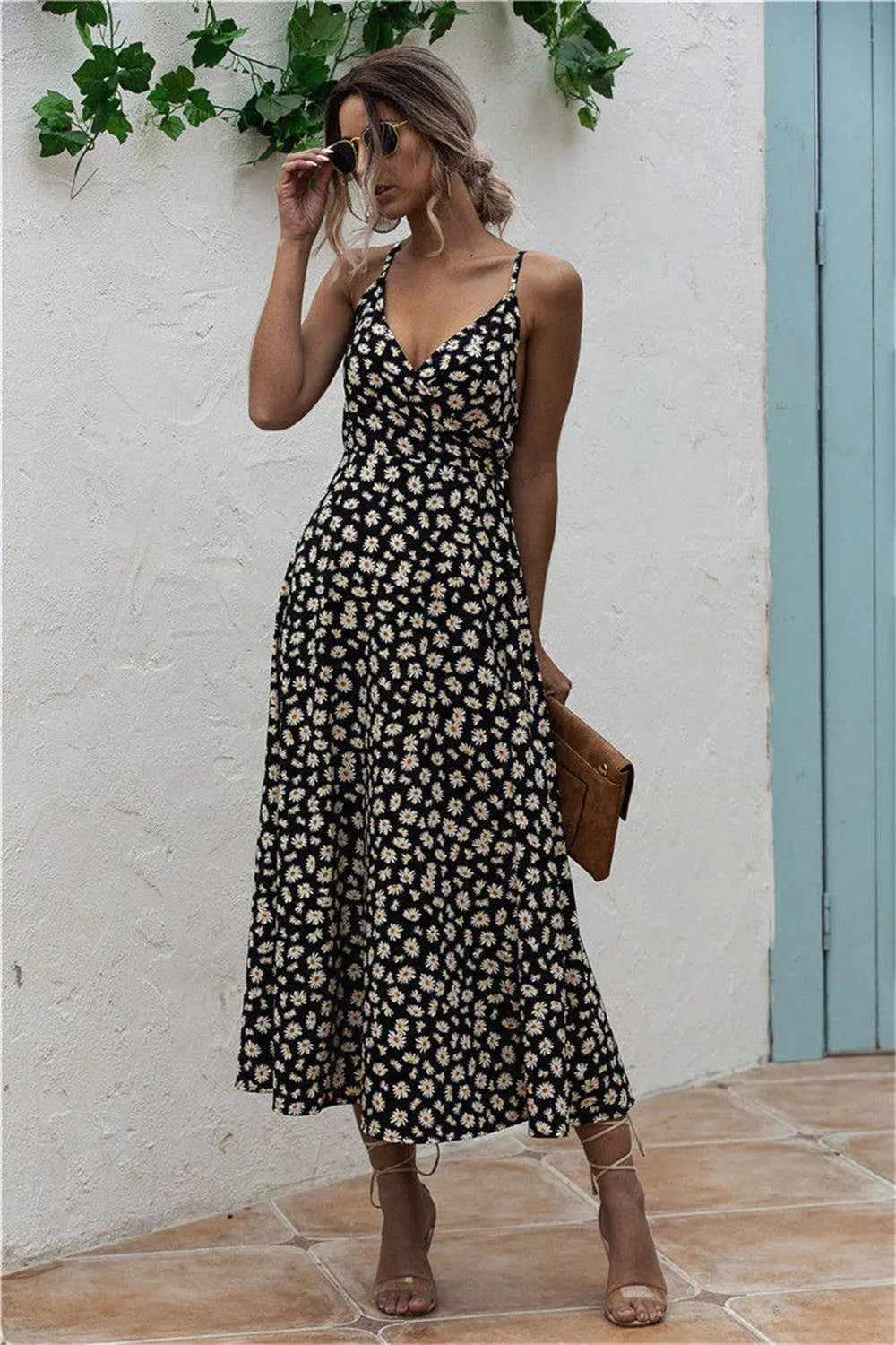 Daisy Print Surplice Midi Cami Dress BLUE ZONE PLANET