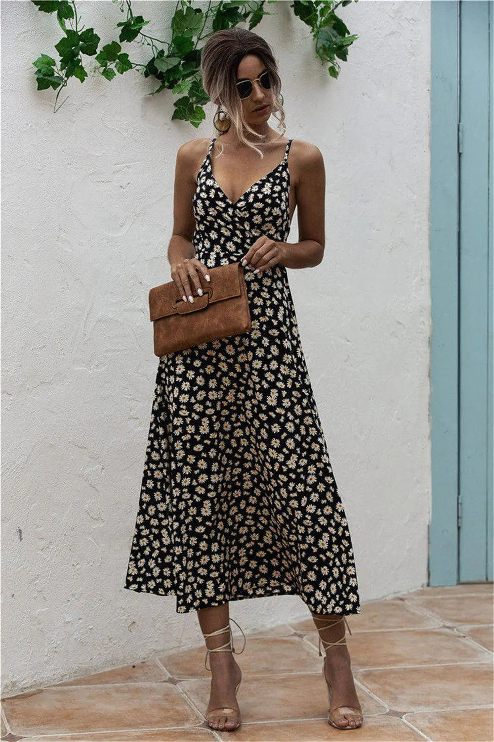 Daisy Print Surplice Midi Cami Dress BLUE ZONE PLANET