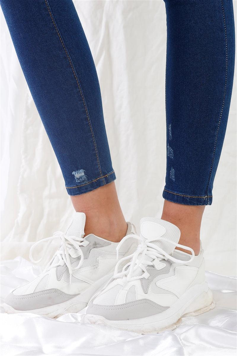 Dark Blue High-waisted With Rips Skinny Denim Jeans Blue Zone Planet