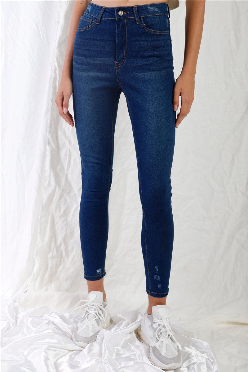 Dark Blue High-waisted With Rips Skinny Denim Jeans Blue Zone Planet